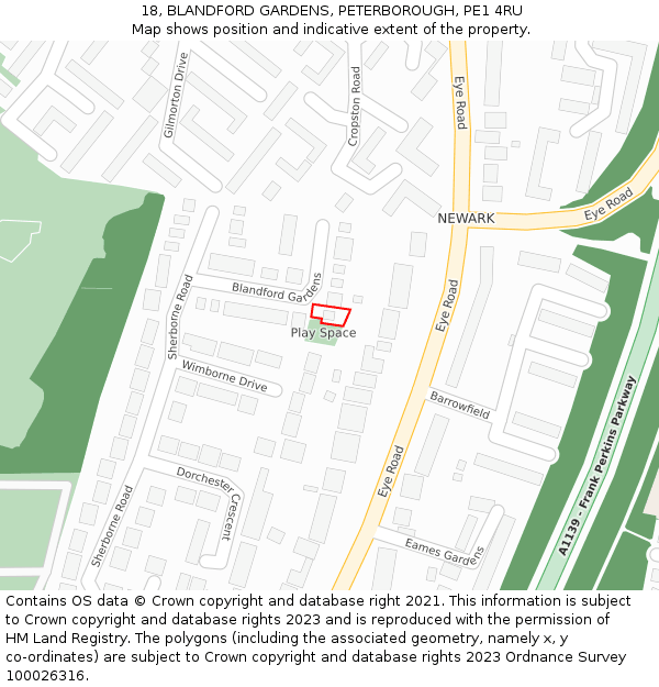 18, BLANDFORD GARDENS, PETERBOROUGH, PE1 4RU: Location map and indicative extent of plot