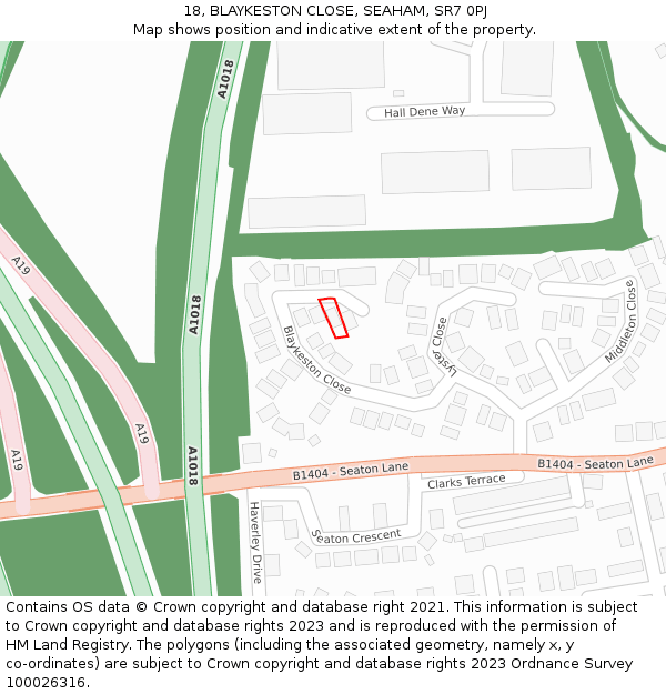 18, BLAYKESTON CLOSE, SEAHAM, SR7 0PJ: Location map and indicative extent of plot
