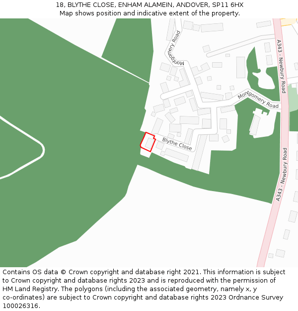 18, BLYTHE CLOSE, ENHAM ALAMEIN, ANDOVER, SP11 6HX: Location map and indicative extent of plot