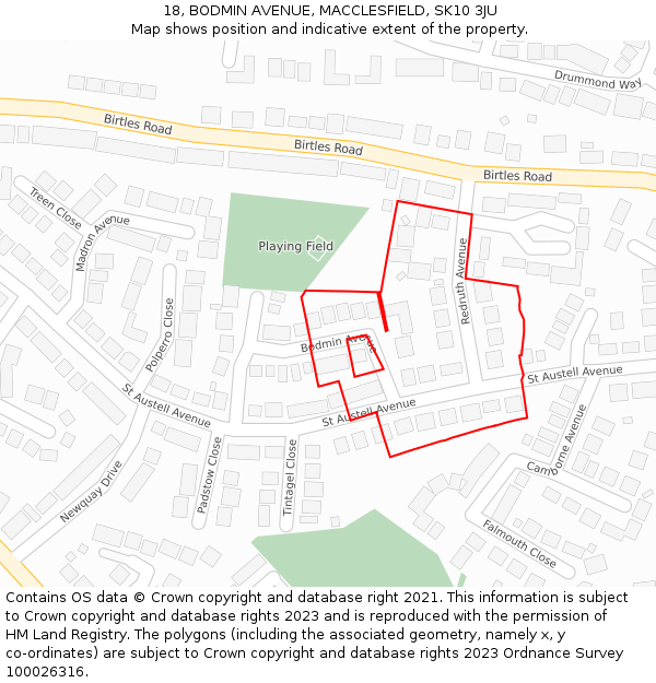 18, BODMIN AVENUE, MACCLESFIELD, SK10 3JU: Location map and indicative extent of plot