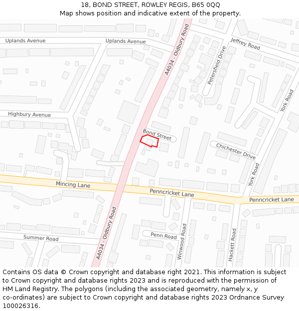 18, BOND STREET, ROWLEY REGIS, B65 0QQ: Location map and indicative extent of plot