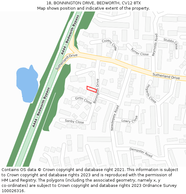 18, BONNINGTON DRIVE, BEDWORTH, CV12 8TX: Location map and indicative extent of plot