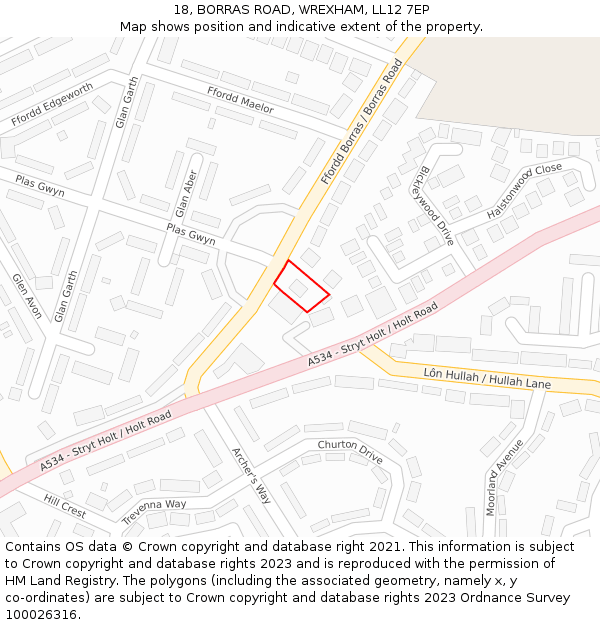 18, BORRAS ROAD, WREXHAM, LL12 7EP: Location map and indicative extent of plot