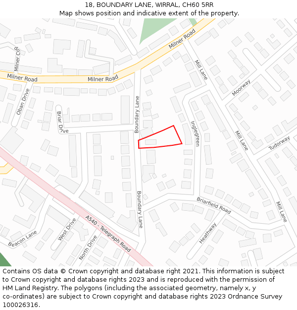 18, BOUNDARY LANE, WIRRAL, CH60 5RR: Location map and indicative extent of plot