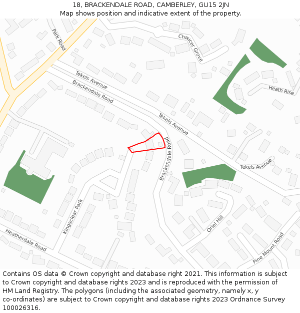 18, BRACKENDALE ROAD, CAMBERLEY, GU15 2JN: Location map and indicative extent of plot