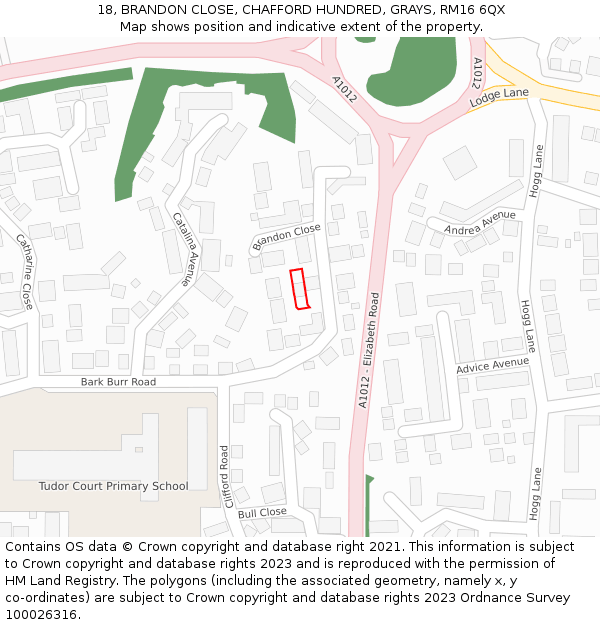 18, BRANDON CLOSE, CHAFFORD HUNDRED, GRAYS, RM16 6QX: Location map and indicative extent of plot