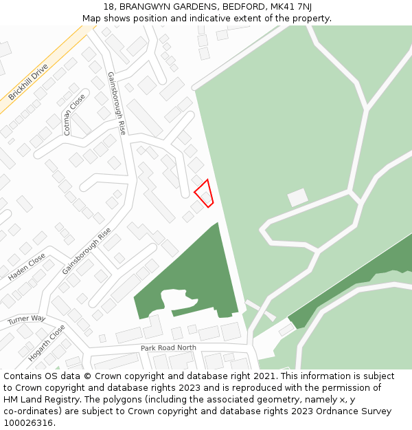 18, BRANGWYN GARDENS, BEDFORD, MK41 7NJ: Location map and indicative extent of plot