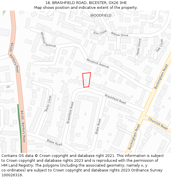 18, BRASHFIELD ROAD, BICESTER, OX26 3HE: Location map and indicative extent of plot