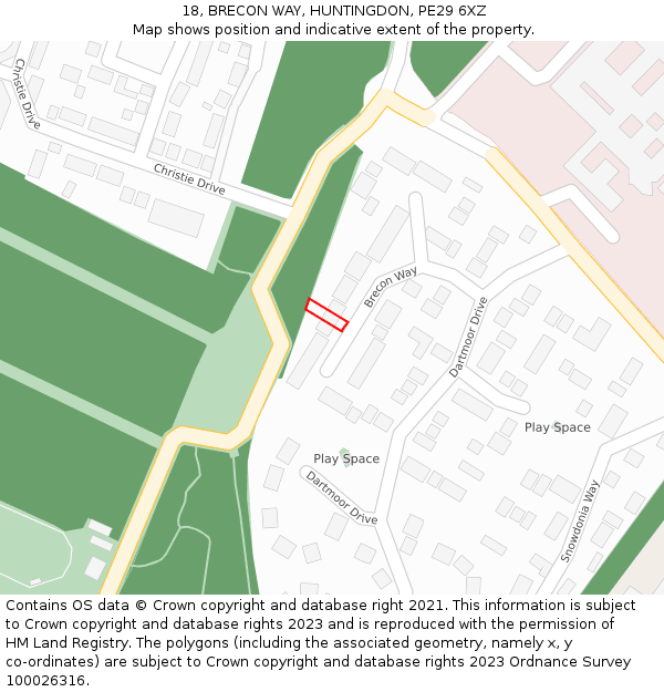 18, BRECON WAY, HUNTINGDON, PE29 6XZ: Location map and indicative extent of plot