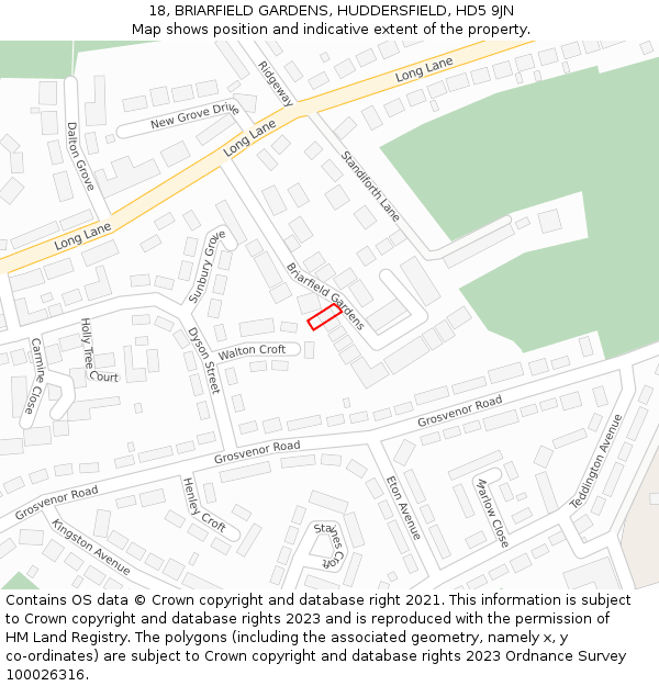 18, BRIARFIELD GARDENS, HUDDERSFIELD, HD5 9JN: Location map and indicative extent of plot