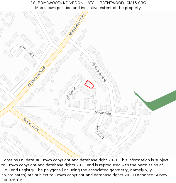 18, BRIARWOOD, KELVEDON HATCH, BRENTWOOD, CM15 0BG: Location map and indicative extent of plot