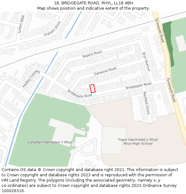 18, BRIDGEGATE ROAD, RHYL, LL18 4BN: Location map and indicative extent of plot