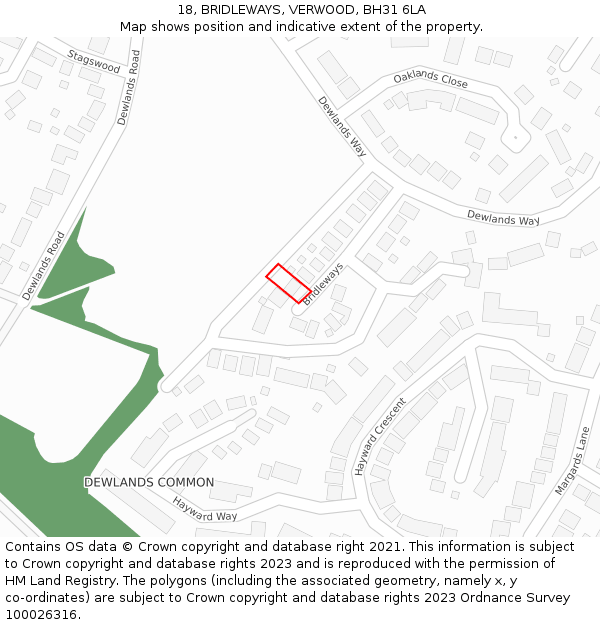 18, BRIDLEWAYS, VERWOOD, BH31 6LA: Location map and indicative extent of plot