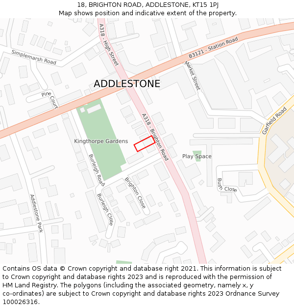 18, BRIGHTON ROAD, ADDLESTONE, KT15 1PJ: Location map and indicative extent of plot