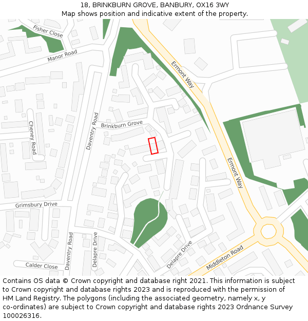 18, BRINKBURN GROVE, BANBURY, OX16 3WY: Location map and indicative extent of plot