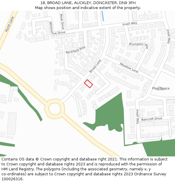 18, BROAD LANE, AUCKLEY, DONCASTER, DN9 3FH: Location map and indicative extent of plot