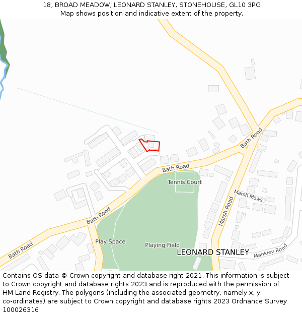 18, BROAD MEADOW, LEONARD STANLEY, STONEHOUSE, GL10 3PG: Location map and indicative extent of plot