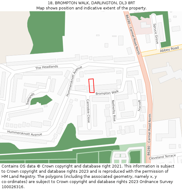 18, BROMPTON WALK, DARLINGTON, DL3 8RT: Location map and indicative extent of plot