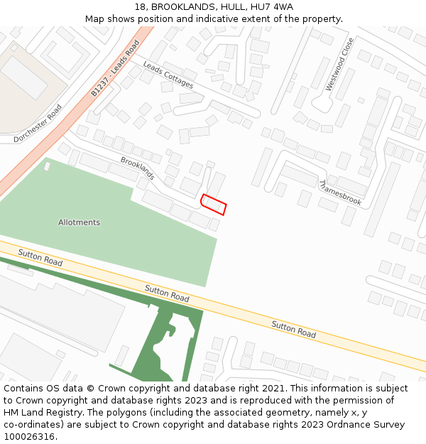18, BROOKLANDS, HULL, HU7 4WA: Location map and indicative extent of plot