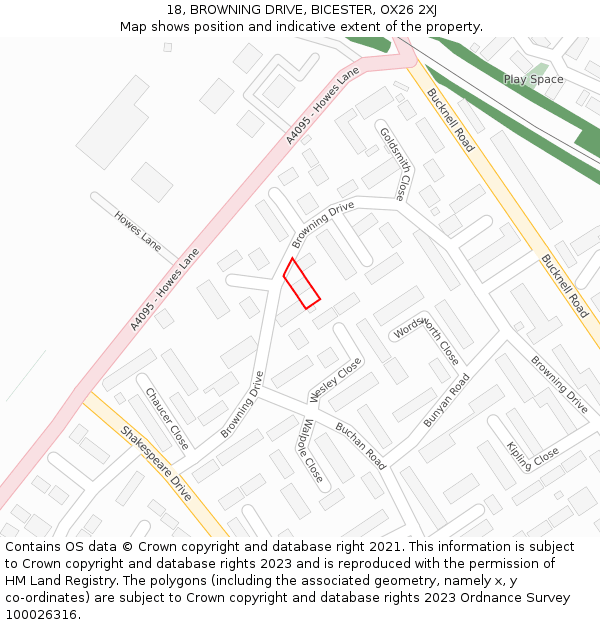 18, BROWNING DRIVE, BICESTER, OX26 2XJ: Location map and indicative extent of plot