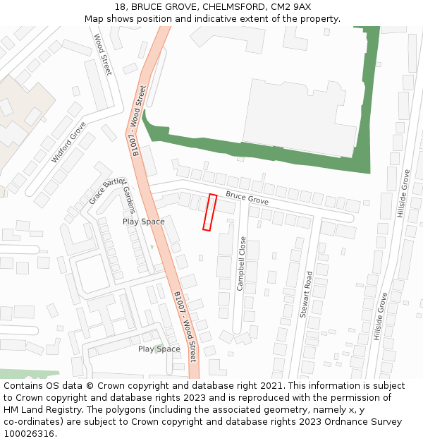 18, BRUCE GROVE, CHELMSFORD, CM2 9AX: Location map and indicative extent of plot