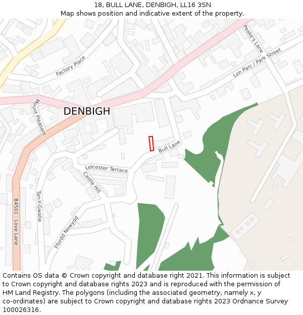18, BULL LANE, DENBIGH, LL16 3SN: Location map and indicative extent of plot