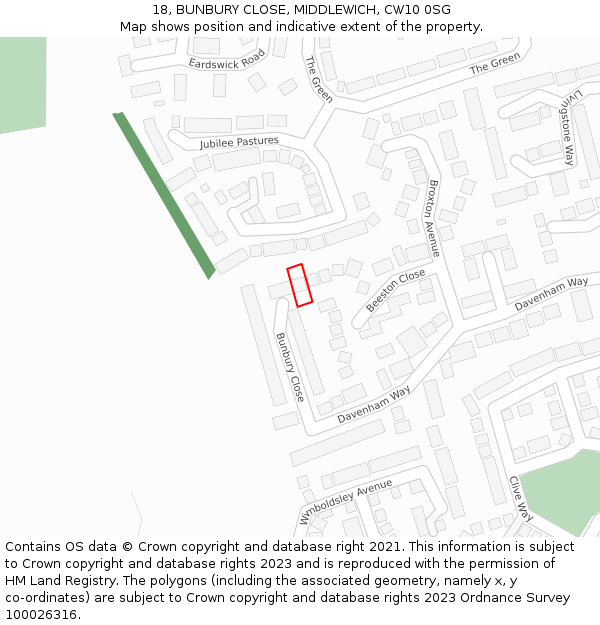 18, BUNBURY CLOSE, MIDDLEWICH, CW10 0SG: Location map and indicative extent of plot