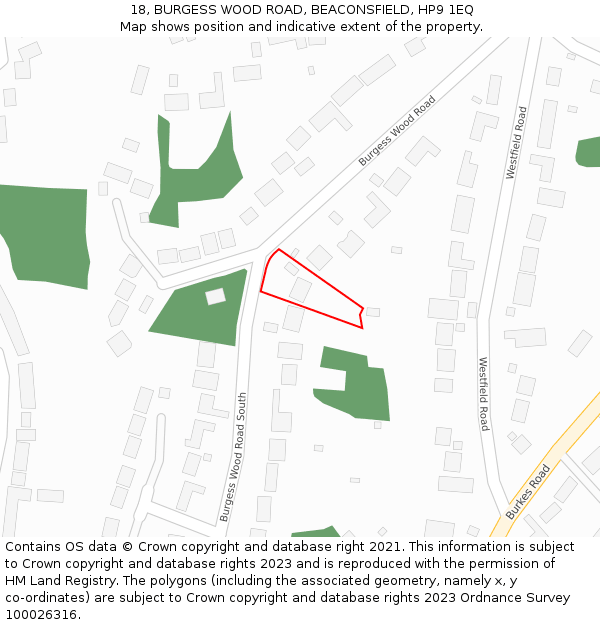 18, BURGESS WOOD ROAD, BEACONSFIELD, HP9 1EQ: Location map and indicative extent of plot