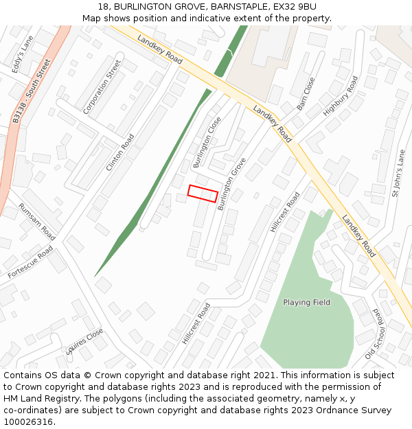 18, BURLINGTON GROVE, BARNSTAPLE, EX32 9BU: Location map and indicative extent of plot