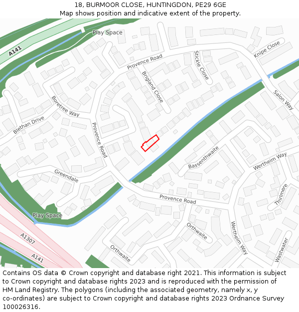 18, BURMOOR CLOSE, HUNTINGDON, PE29 6GE: Location map and indicative extent of plot