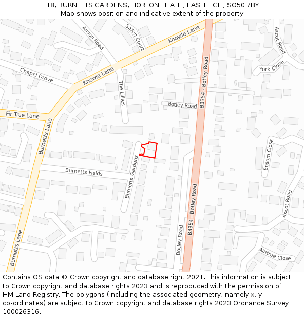 18, BURNETTS GARDENS, HORTON HEATH, EASTLEIGH, SO50 7BY: Location map and indicative extent of plot