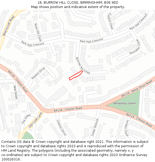 18, BURROW HILL CLOSE, BIRMINGHAM, B36 9ED: Location map and indicative extent of plot