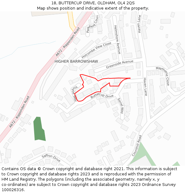 18, BUTTERCUP DRIVE, OLDHAM, OL4 2QS: Location map and indicative extent of plot