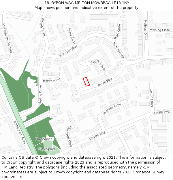 18, BYRON WAY, MELTON MOWBRAY, LE13 1NY: Location map and indicative extent of plot