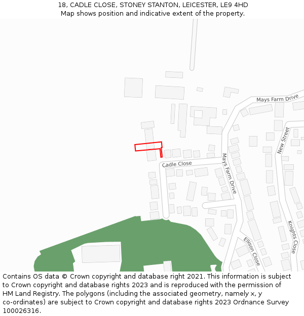 18, CADLE CLOSE, STONEY STANTON, LEICESTER, LE9 4HD: Location map and indicative extent of plot