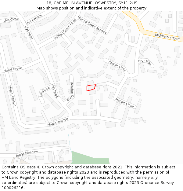 18, CAE MELIN AVENUE, OSWESTRY, SY11 2US: Location map and indicative extent of plot