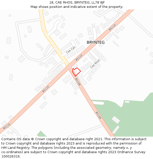 18, CAE RHOS, BRYNTEG, LL78 8JF: Location map and indicative extent of plot