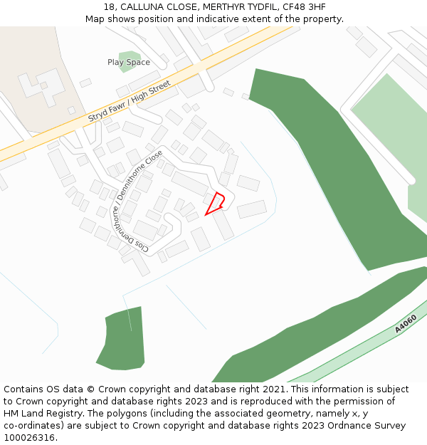 18, CALLUNA CLOSE, MERTHYR TYDFIL, CF48 3HF: Location map and indicative extent of plot