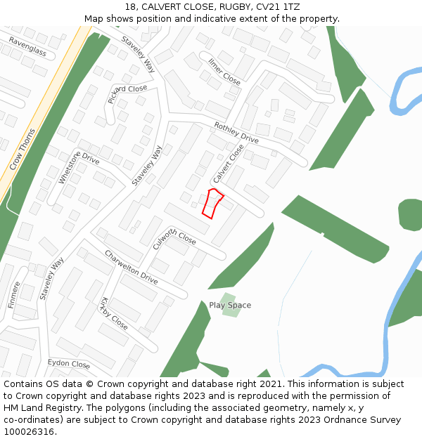 18, CALVERT CLOSE, RUGBY, CV21 1TZ: Location map and indicative extent of plot