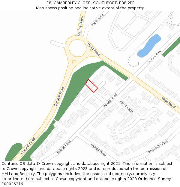 18, CAMBERLEY CLOSE, SOUTHPORT, PR8 2PP: Location map and indicative extent of plot