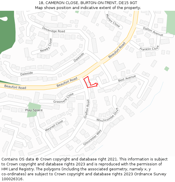 18, CAMERON CLOSE, BURTON-ON-TRENT, DE15 9GT: Location map and indicative extent of plot