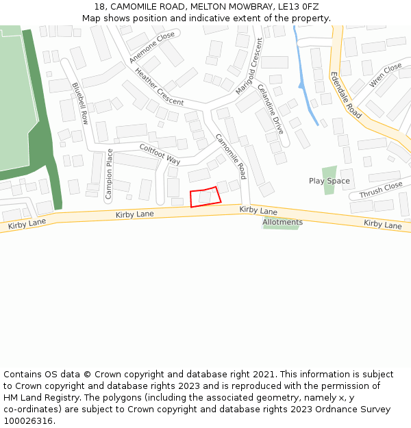 18, CAMOMILE ROAD, MELTON MOWBRAY, LE13 0FZ: Location map and indicative extent of plot