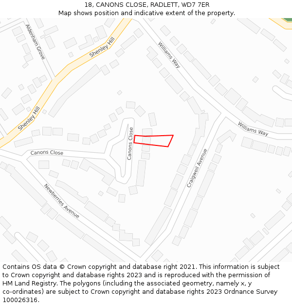 18, CANONS CLOSE, RADLETT, WD7 7ER: Location map and indicative extent of plot