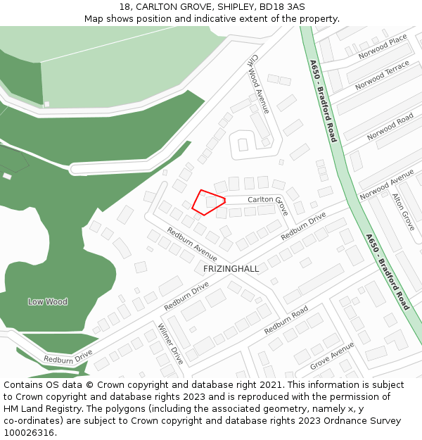 18, CARLTON GROVE, SHIPLEY, BD18 3AS: Location map and indicative extent of plot