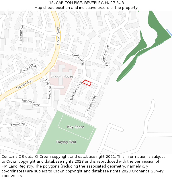 18, CARLTON RISE, BEVERLEY, HU17 8UR: Location map and indicative extent of plot