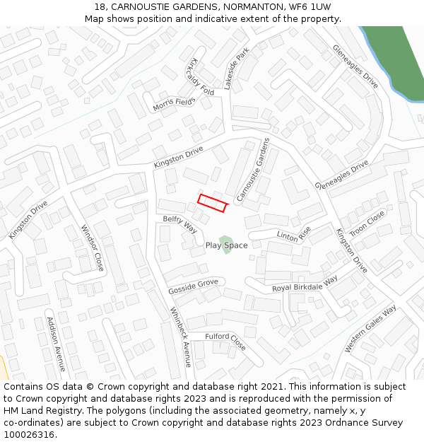 18, CARNOUSTIE GARDENS, NORMANTON, WF6 1UW: Location map and indicative extent of plot