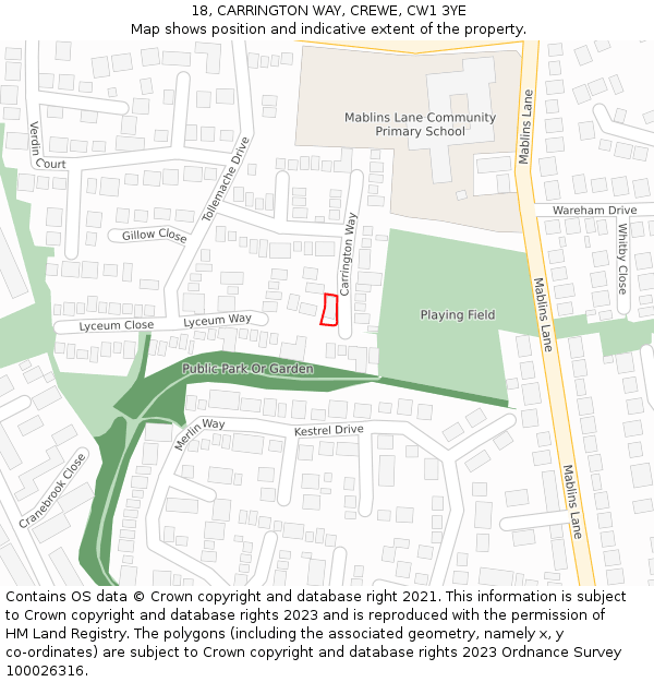 18, CARRINGTON WAY, CREWE, CW1 3YE: Location map and indicative extent of plot