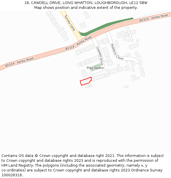 18, CAWDELL DRIVE, LONG WHATTON, LOUGHBOROUGH, LE12 5BW: Location map and indicative extent of plot