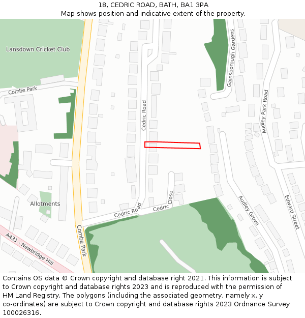 18, CEDRIC ROAD, BATH, BA1 3PA: Location map and indicative extent of plot
