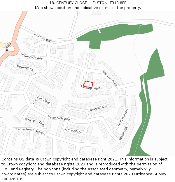 18, CENTURY CLOSE, HELSTON, TR13 8FE: Location map and indicative extent of plot